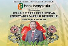 Segenap Dewan Komisaris, Direksi dan Karyawan/ti Bank Bengkulu mengucapkan selamat atas dilatiknya Isnan Fajri, S.sos, M.Kes sebagai Sekretaris Daerah Provinsi Bengkulu (Sekdaprov), Rabu (04/10/2023).Andalas Foto/Istimewa